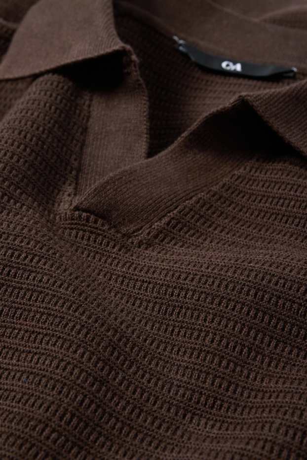 Heren - Gebreid poloshirt - regular fit - met structuur - donkerbruin