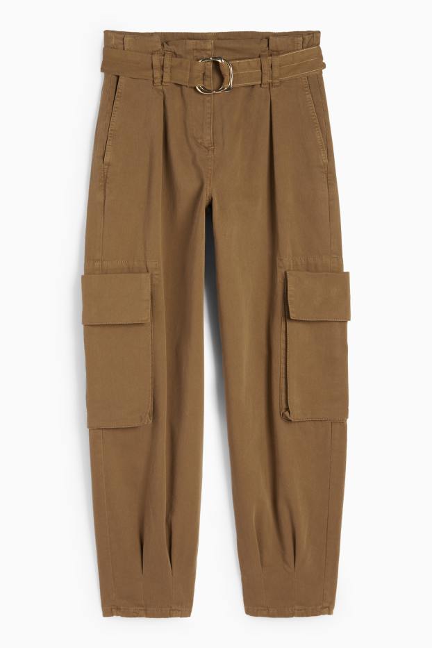 Damen - Cargohose mit Gürtel - High Waist - Tapered Fit - khaki