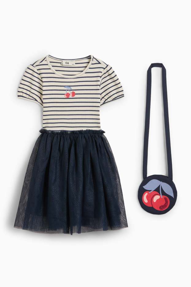 Niños: niñas - Cerezas - conjunto - vestido y bolso - 2 prendas - azul oscuro