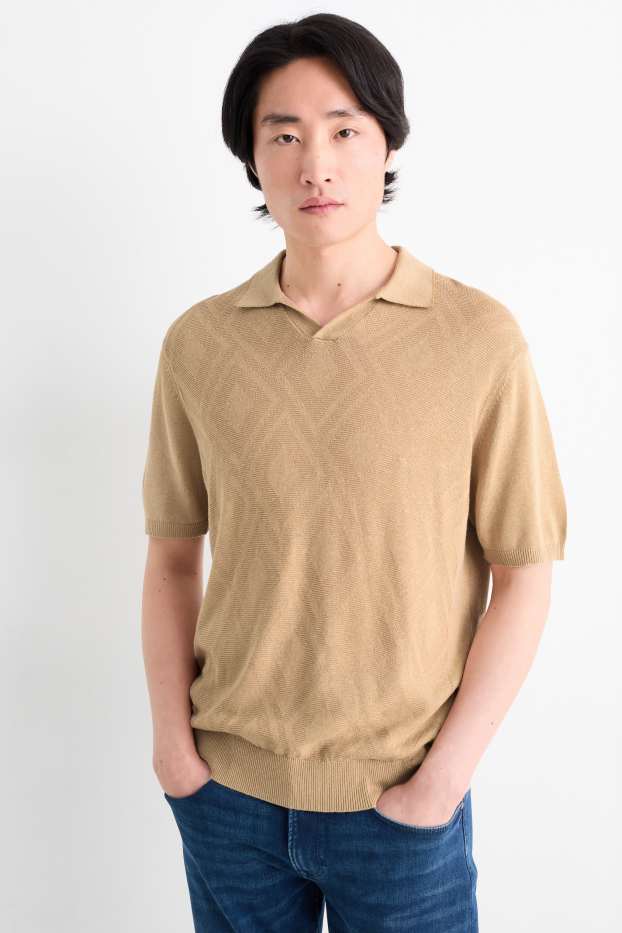 Pánské - Pletená polokošile s lněným podílem - regular fit - taupe