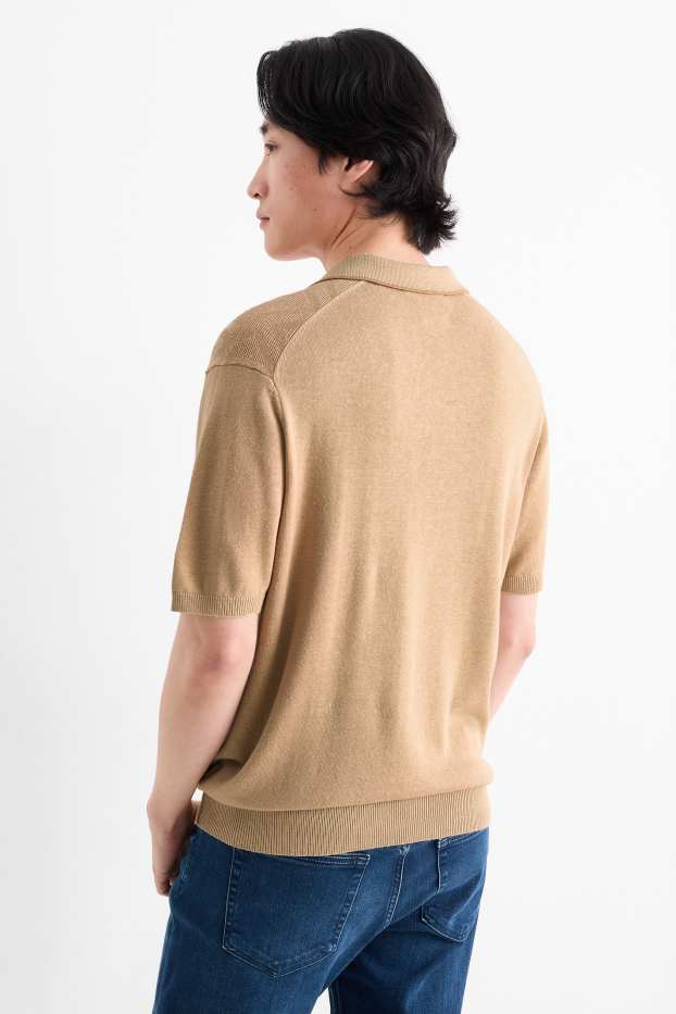 Pánské - Pletená polokošile s lněným podílem - regular fit - taupe