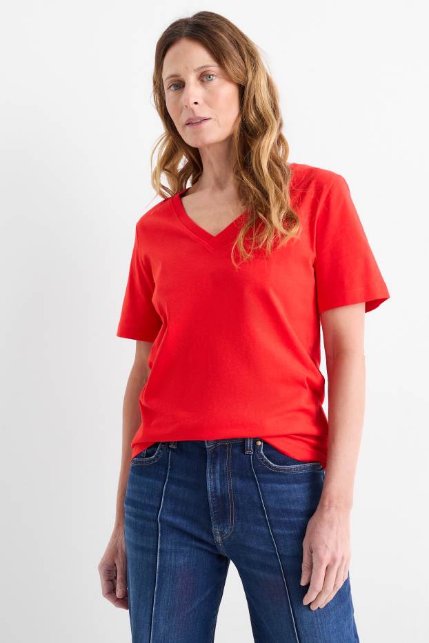 Damen - T-Shirt mit V-Ausschnitt - Regular Fit - rot