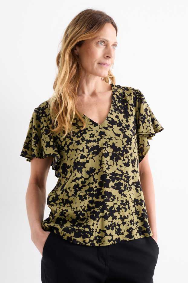 Dames - Blouse met V-hals - gebloemd - donkergroen / zwart