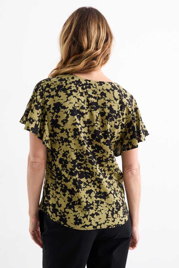 Dames - Blouse met V-hals - gebloemd - donkergroen / zwart