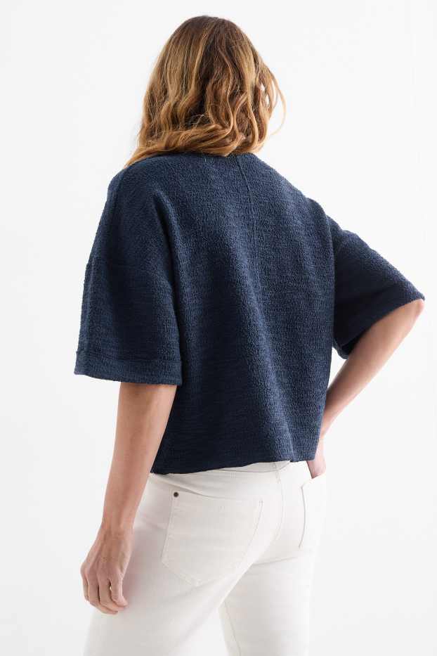 Femei - Tricou din bouclé cu decolteu în V - albastru închis