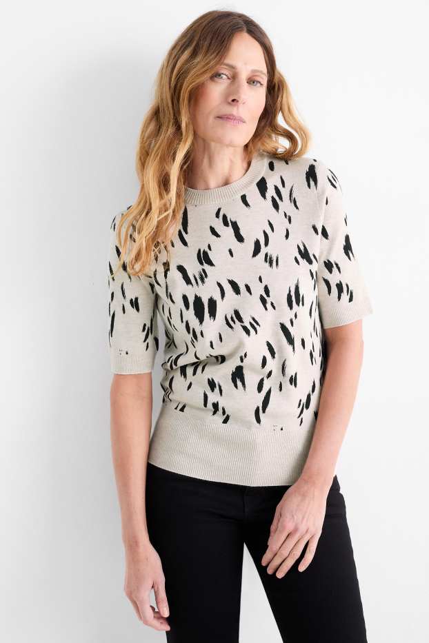 Women - Knitted jumper - short sleeve - patterned - black / beige