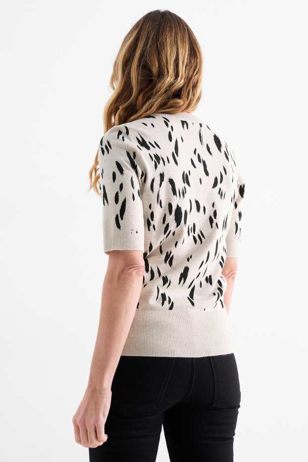 Women - Knitted jumper - short sleeve - patterned - black / beige