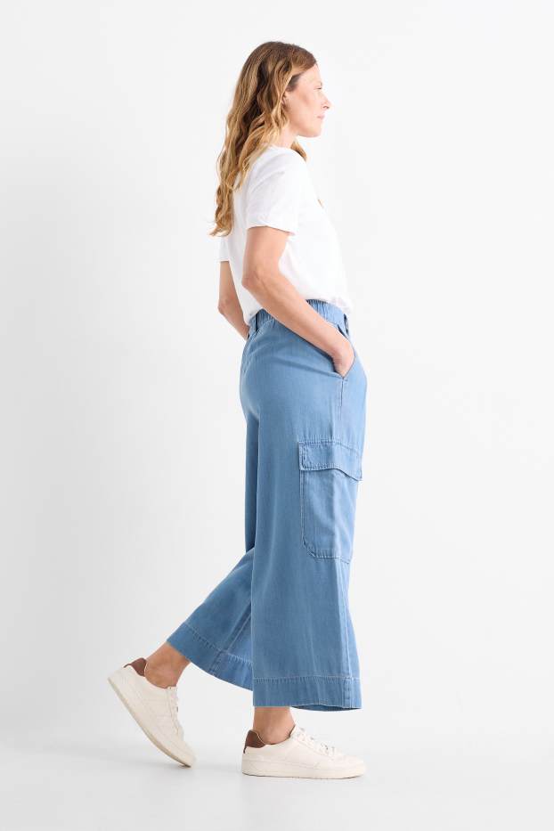 Damen - Cargohose - Mid Waist - Wide Leg - Jeans-Look - hellblau