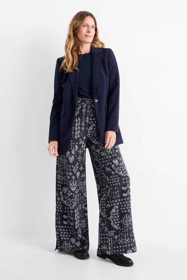 Damen - Stoffhose - High Waist - Wide Leg - gemustert - dunkelblau