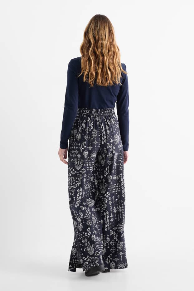 Femmes - Pantalon en toile - high waist - wide leg - à motif - bleu foncé