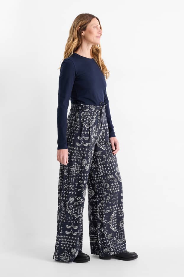 Femmes - Pantalon en toile - high waist - wide leg - à motif - bleu foncé