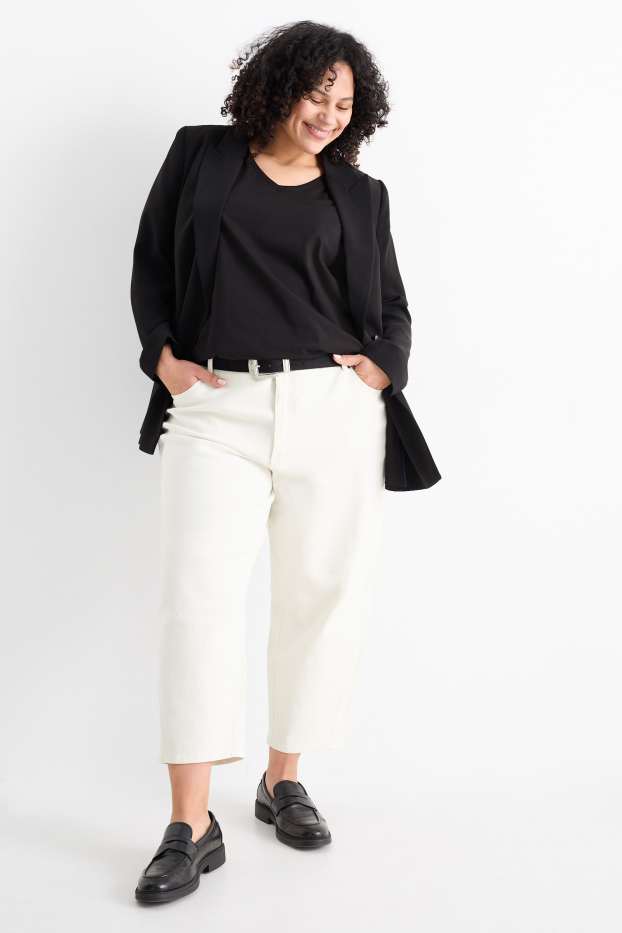 Femei - Pantaloni de stofă cu curea - talie înaltă - tapered fit - alb-crem