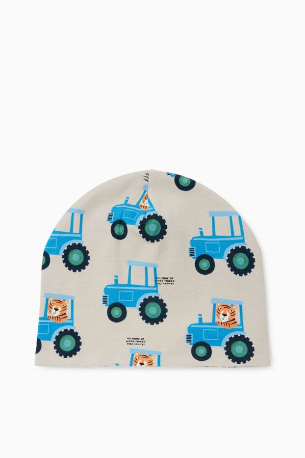 Kinderen: jongens - Tractor en tijger - beanie - licht beige