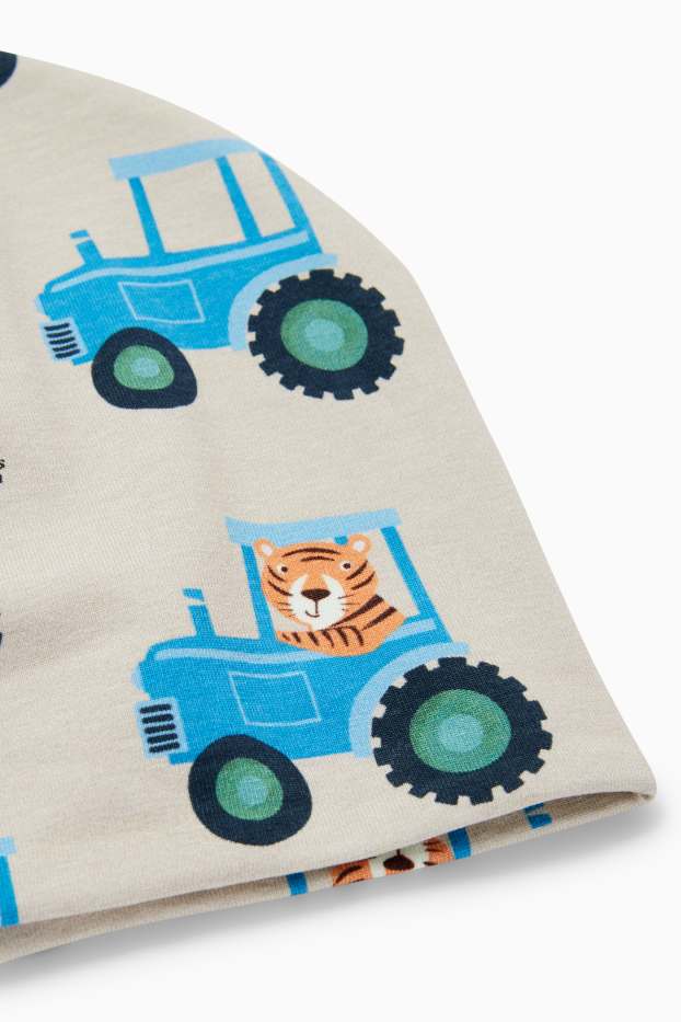 Kinderen: jongens - Tractor en tijger - beanie - licht beige