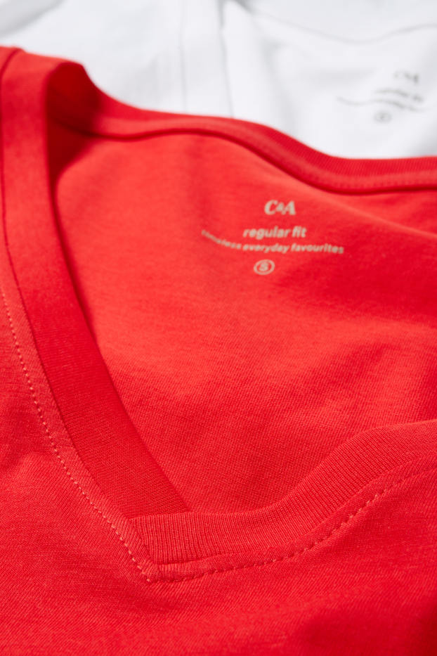 Femmes - T-shirt basique à encolure en V - rouge / blanc crème