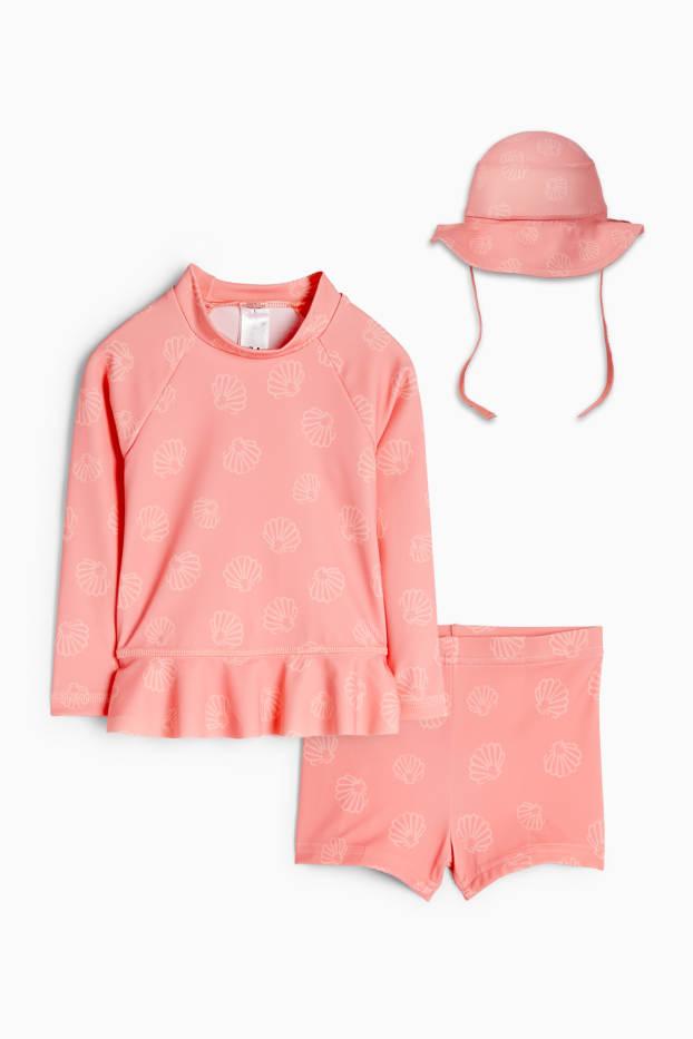 Miminka - dívky - Motivy mušlí - plážový outfit pro miminka s UV ochranou - LYCRA® XTRA LIFE™ - 3dílný - růžová