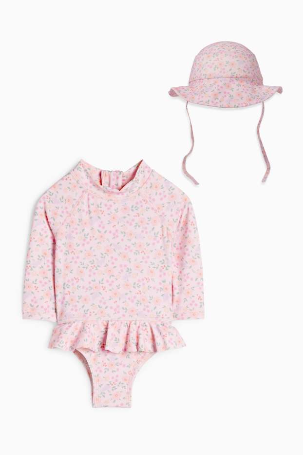 Neonate - Completo mare neonati anti UV - LYCRA® XTRA LIFE™ - 2 pezzi - a fiori - rosa