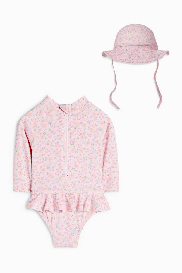 Neonate - Completo mare neonati anti UV - LYCRA® XTRA LIFE™ - 2 pezzi - a fiori - rosa