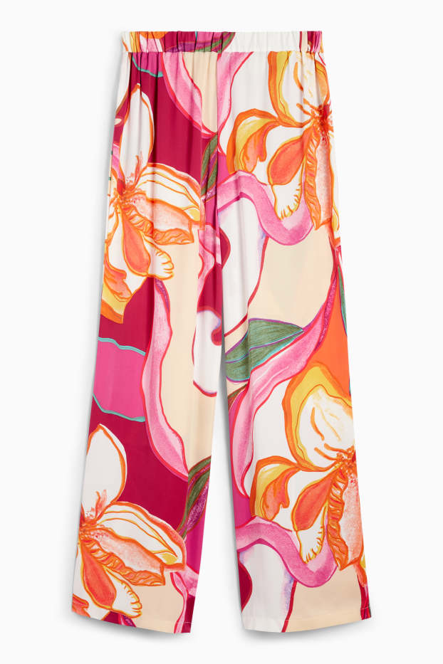 Damen - Satin-Hose - High Waist - Wide Leg - gemustert - rosa