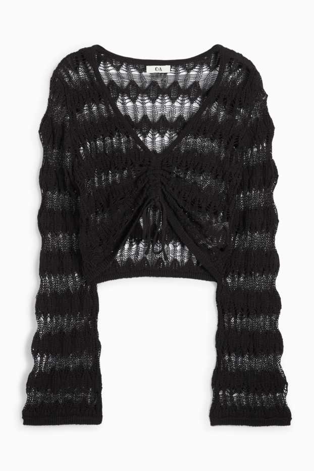 Femei - Pulover crop cu decolteu în V - negru