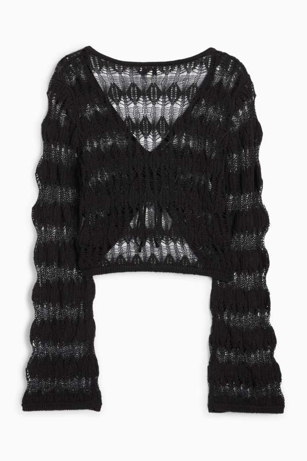 Femei - Pulover crop cu decolteu în V - negru