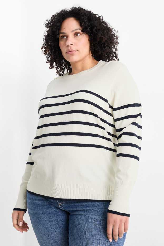 Femei - Pulover din tricot fin - cu dungi - alb-crem