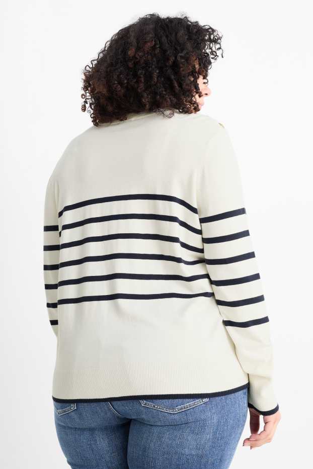 Femei - Pulover din tricot fin - cu dungi - alb-crem