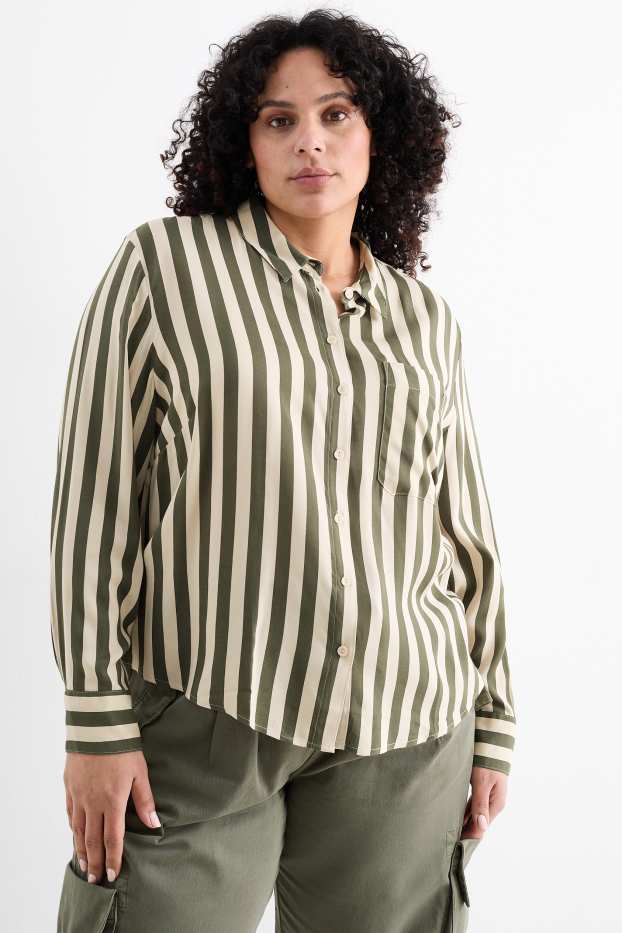 Damen - Bluse - gestreift - beige / grün