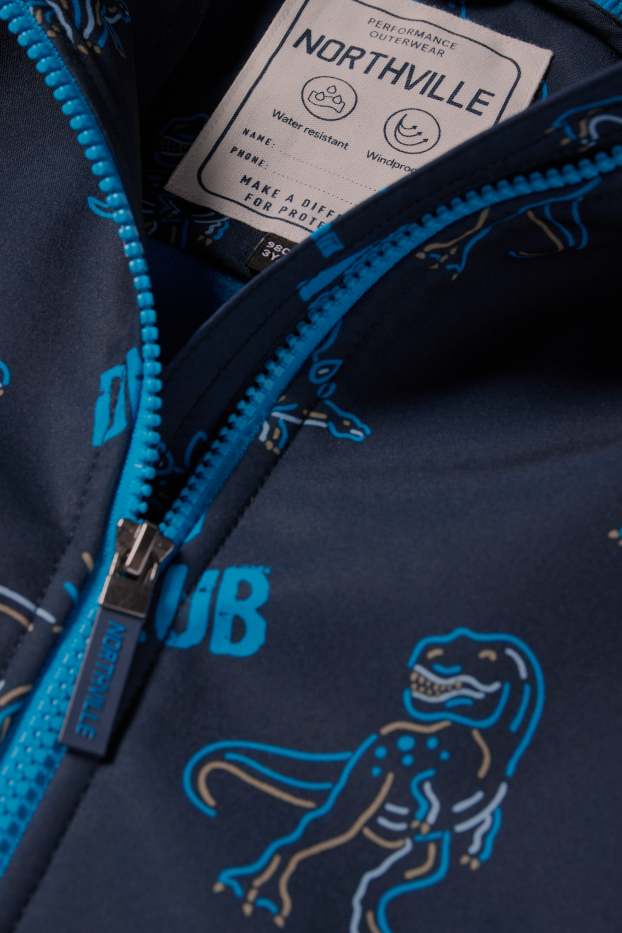Kinder Jungen - Dino - Softshelljacke mit Kapuze - wasserdicht - dunkelblau