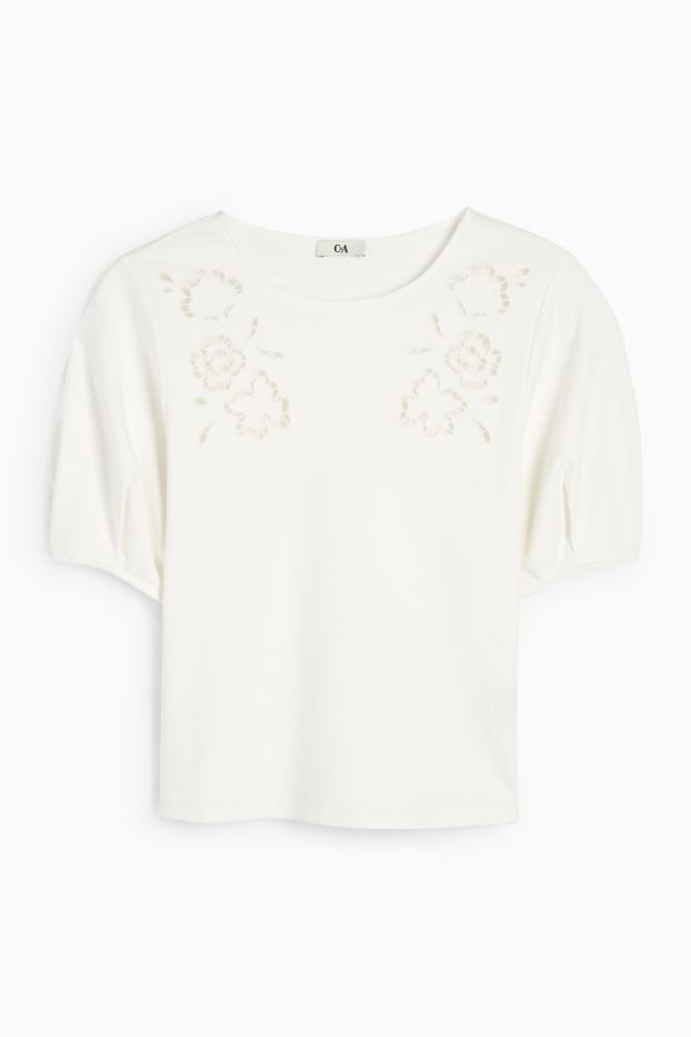Dames - T-shirt - regular fit - broderie Anglaise - crème wit