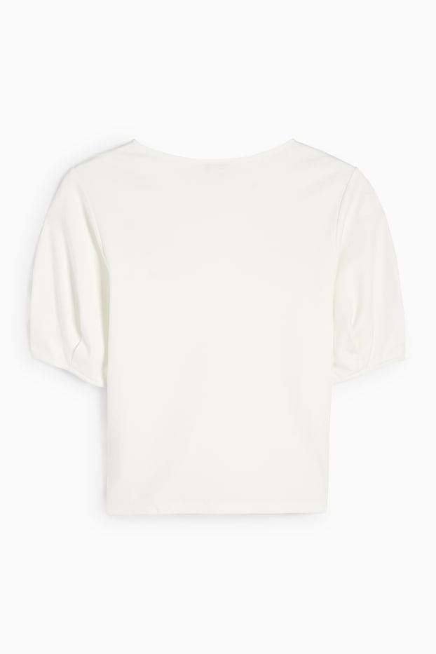 Dames - T-shirt - regular fit - broderie Anglaise - crème wit