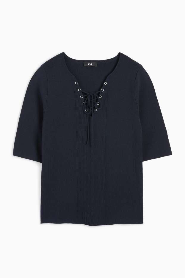 Damen - Strickpullover - kurzarm - dunkelblau