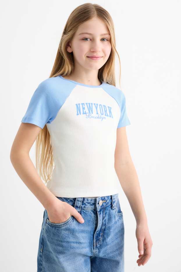 Kinder Mädchen - New York - Kurzarmshirt - gerippt - weiss / hellblau