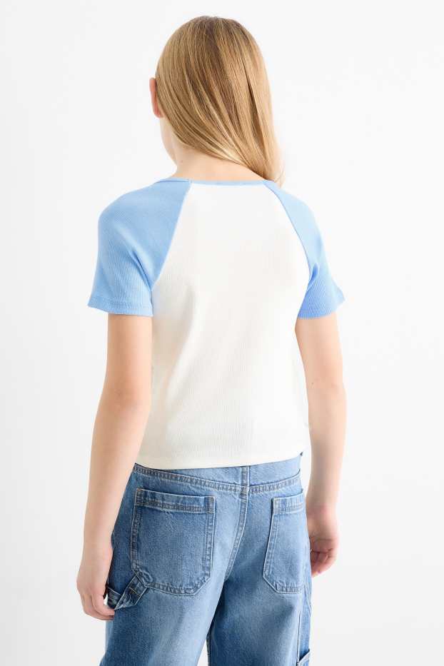 Kinder Mädchen - New York - Kurzarmshirt - gerippt - weiss / hellblau
