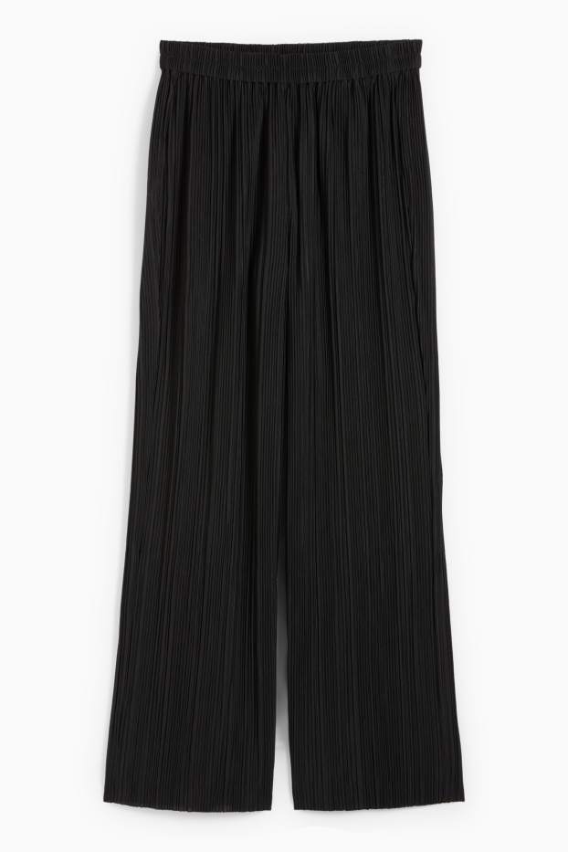 Dámské - Plisované kalhoty - high waist - wide leg - černá