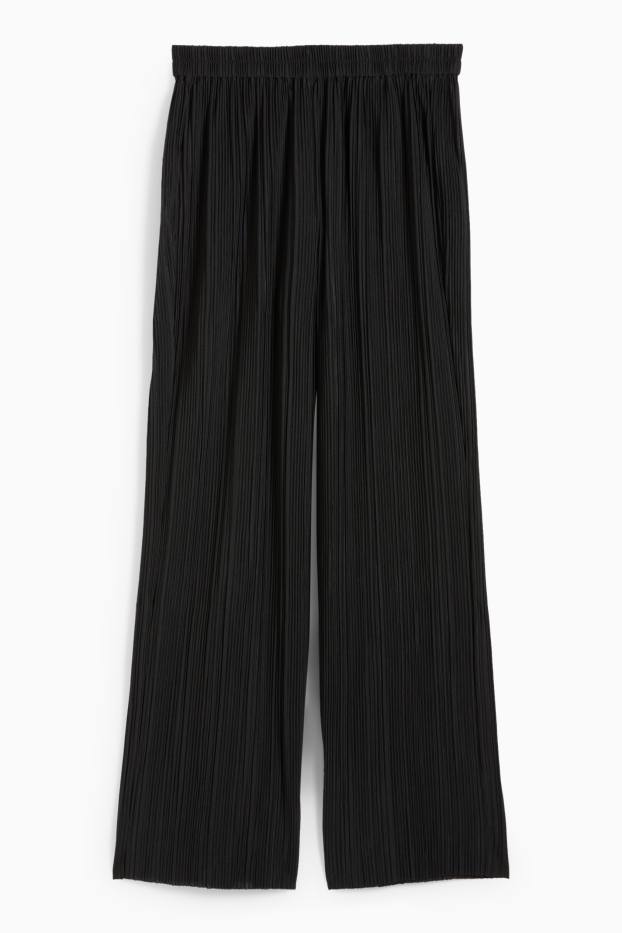 Dámské - Plisované kalhoty - high waist - wide leg - černá