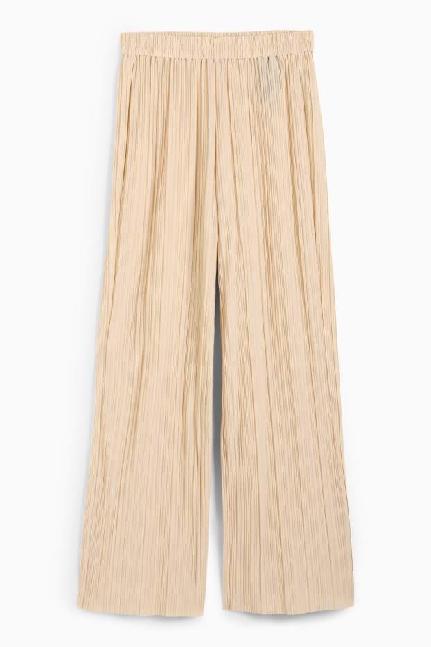 Dámské - Plisované kalhoty - high waist - wide leg - světle béžová