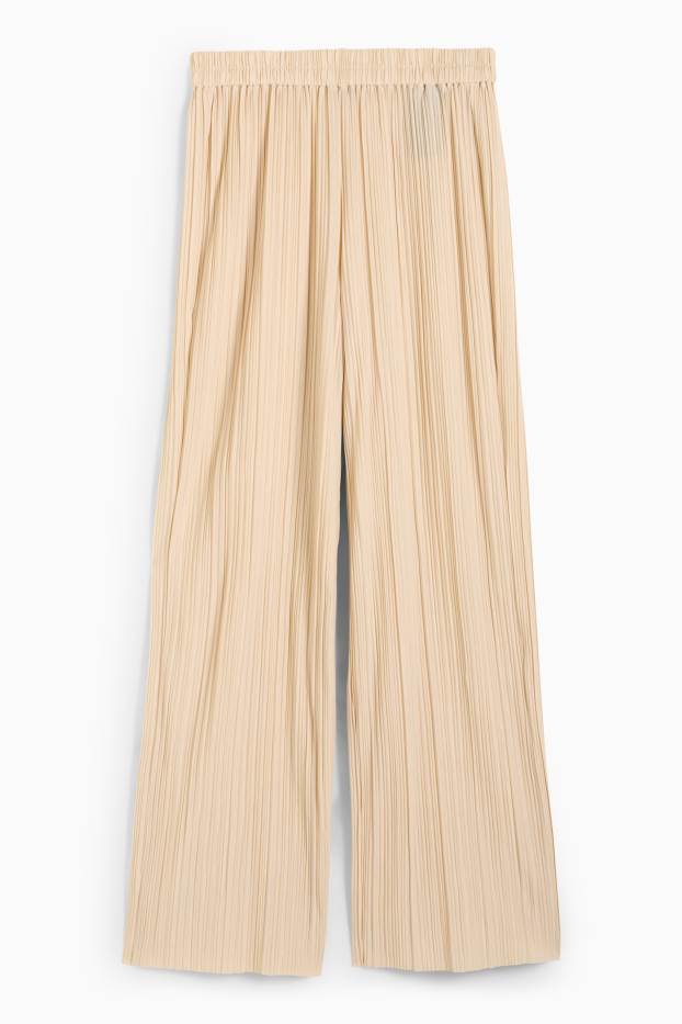 Dámské - Plisované kalhoty - high waist - wide leg - světle béžová