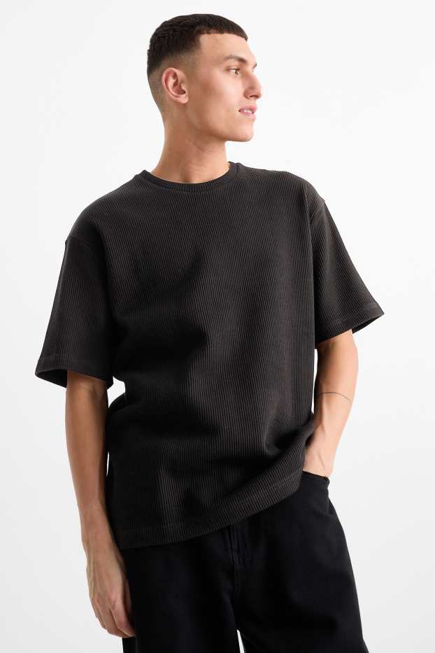 Pánské - Tričko - relaxed fit - žebrované - černá