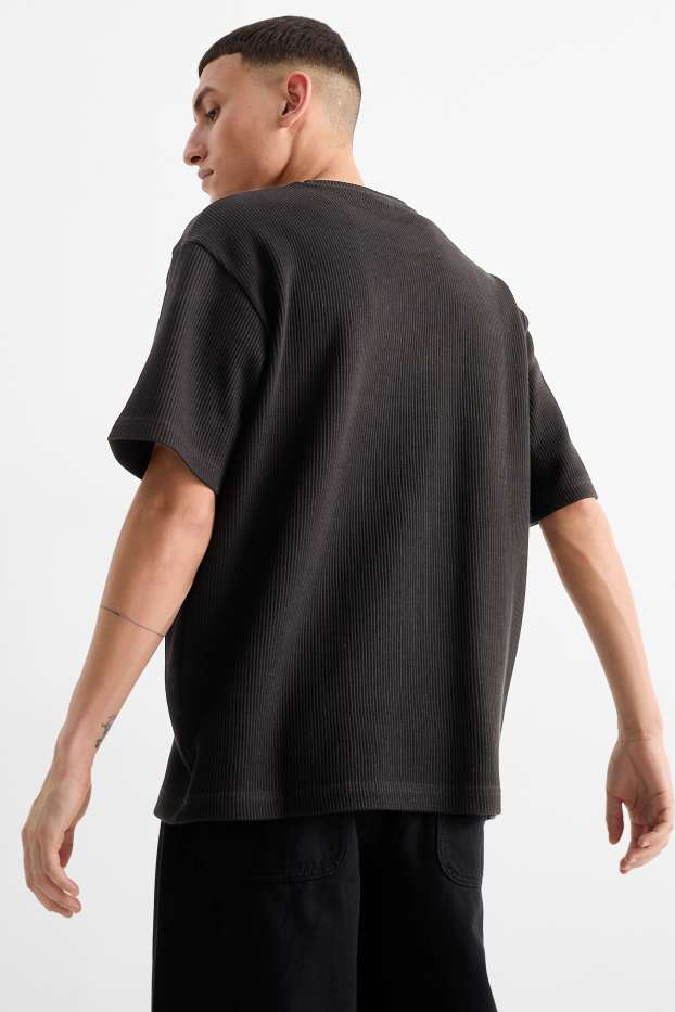 Pánské - Tričko - relaxed fit - žebrované - černá