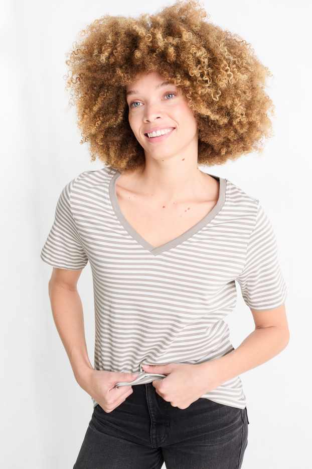 Dames - Basic T-shirt - regular fit - gestreept - crème wit