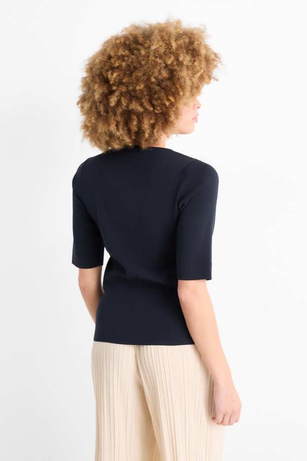 Damen - Strickpullover - kurzarm - dunkelblau