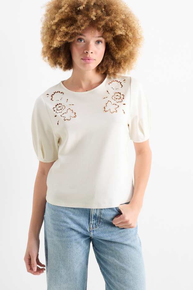 Dames - T-shirt - regular fit - broderie Anglaise - crème wit