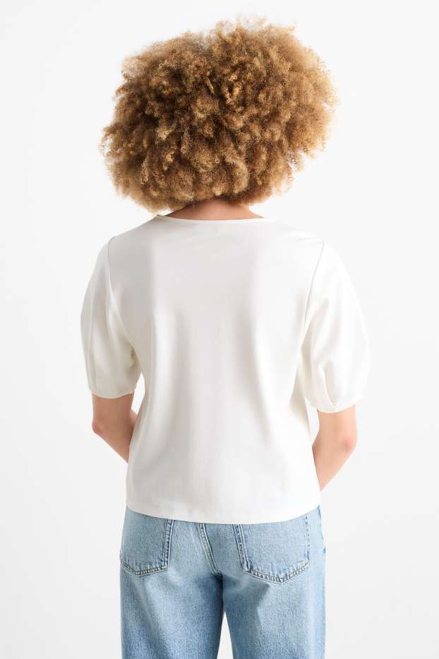 Dames - T-shirt - regular fit - broderie Anglaise - crème wit