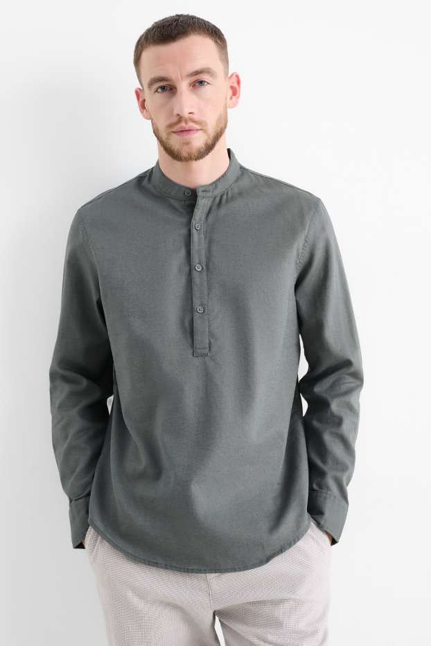 Heren - Overhemd - regular fit - opstaande kraag - linnenmix - donkergroen