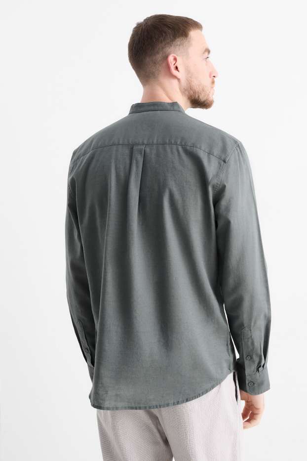 Heren - Overhemd - regular fit - opstaande kraag - linnenmix - donkergroen