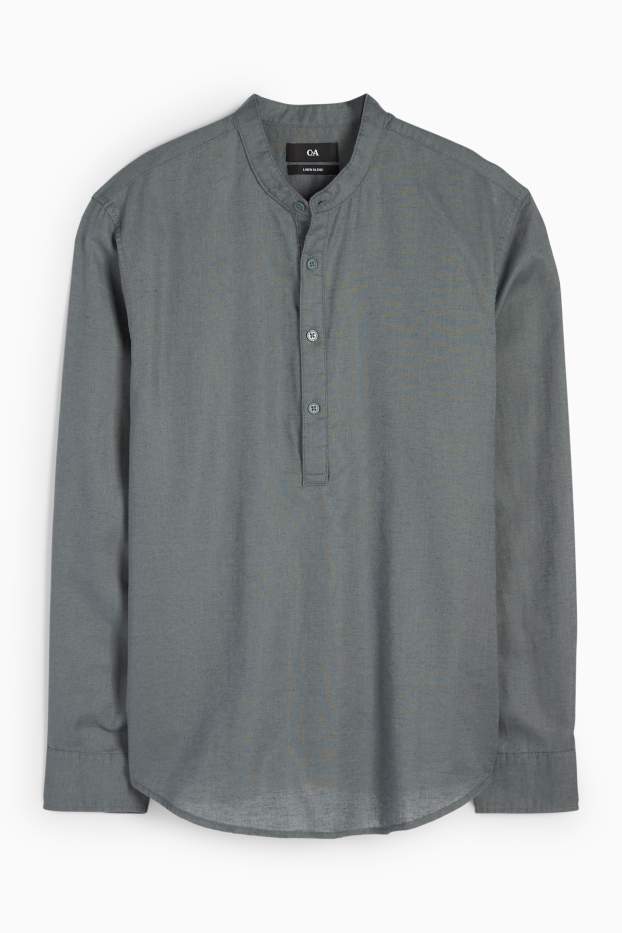 Heren - Overhemd - regular fit - opstaande kraag - linnenmix - donkergroen