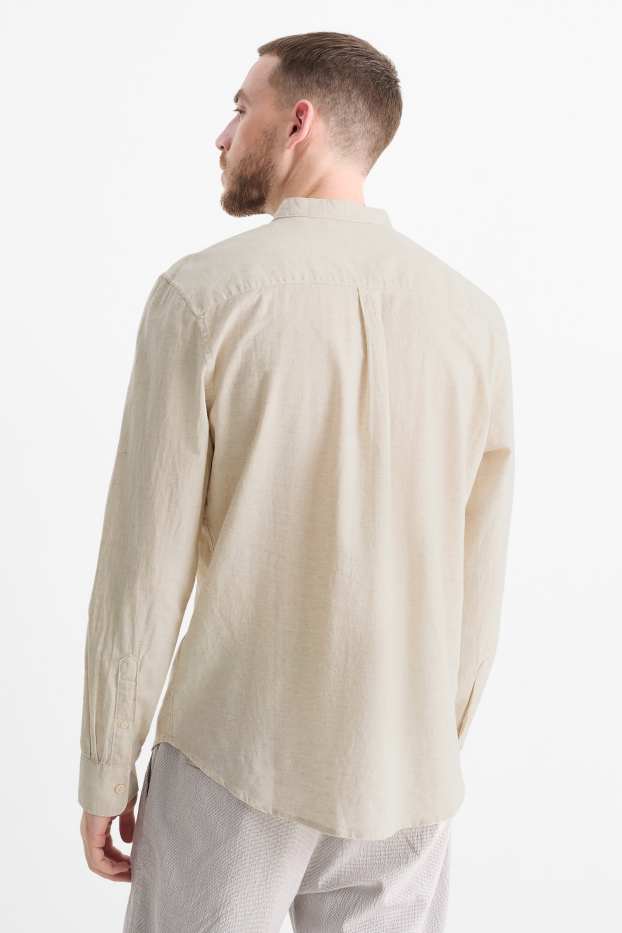 Heren - Overhemd, deels met linnen - regular fit - opstaande kraag - licht beige
