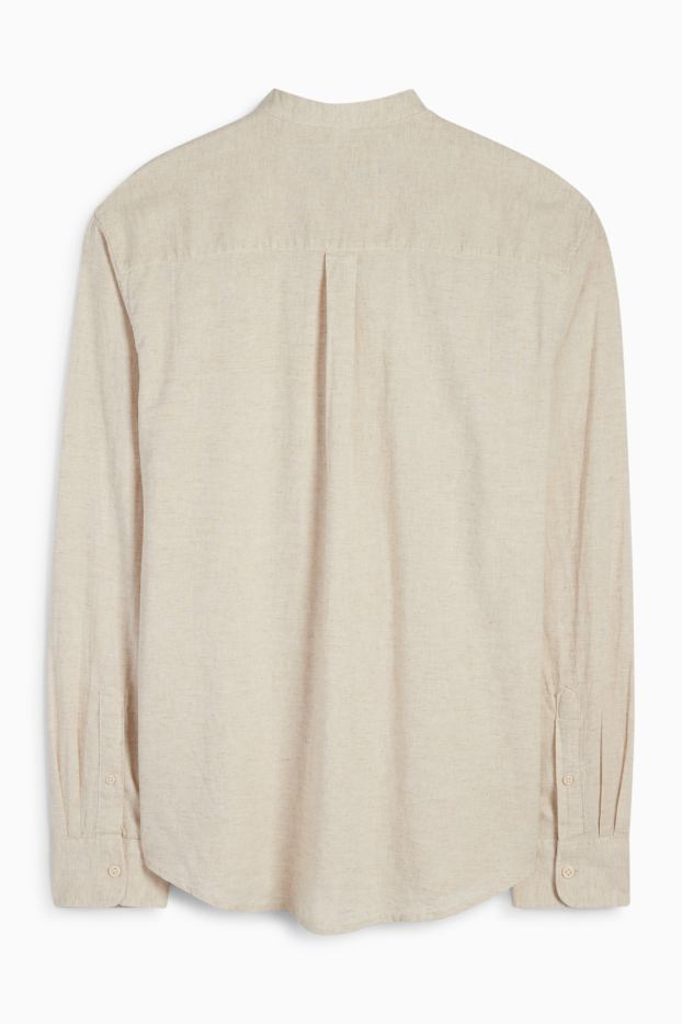 Heren - Overhemd, deels met linnen - regular fit - opstaande kraag - licht beige