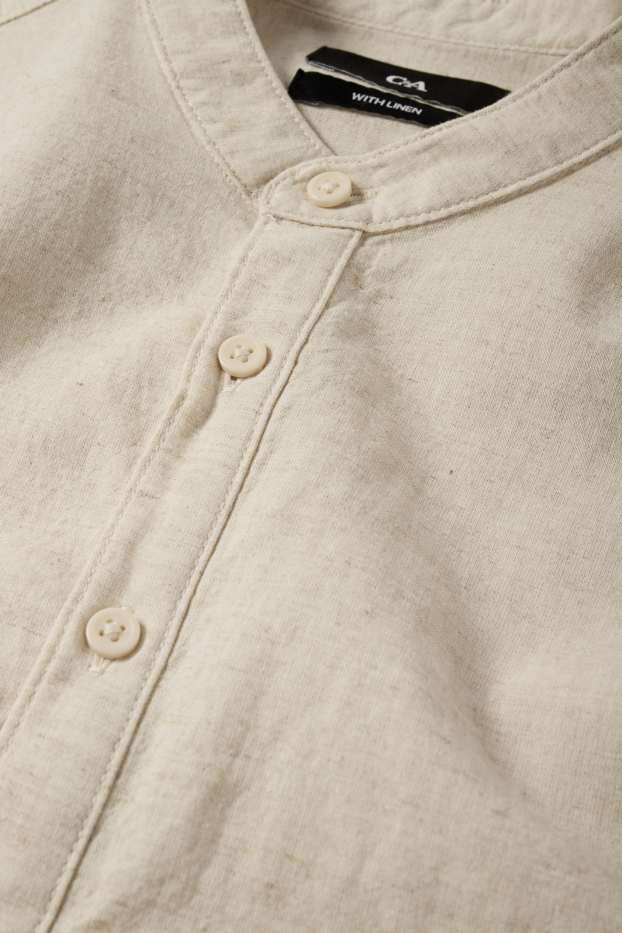 Heren - Overhemd, deels met linnen - regular fit - opstaande kraag - licht beige